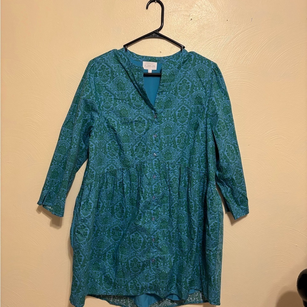 Sugarlips Teal Green Boho Babydoll Tunic Dress Size L Cotton